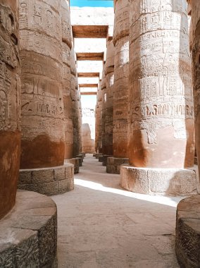 Ancient ruins on an abandoned temple with columns full of hieroglyphs in Egypt, Africa