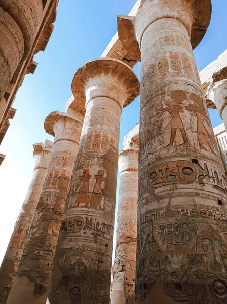 Ancient ruins on an abandoned temple with columns full of hieroglyphs in Egypt, Africa