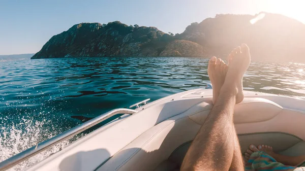 First Person View Man Relaxing Boat His Legs Resting Hull —  Fotos de Stock