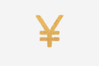Yen sign made of golden glitter against plain background