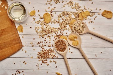 Ahşap mutfak eşyaları yemek müsli ahşap arka plan