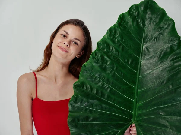 Mulher Com Pele Limpa Segurando Folha Palma Fundo Claro — Fotografia de Stock