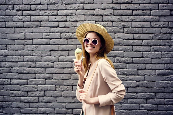 beautiful woman outdoor walk eat ice cream walk travel fun