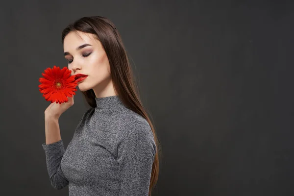 Güzel esmer kırmızı çiçek kozmetik dekorasyon lüksü. — Stok fotoğraf
