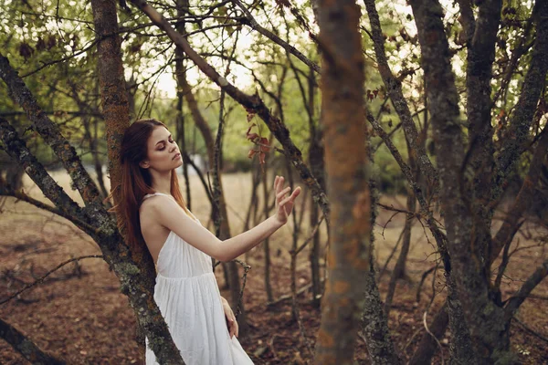 Vrouw Witte Jurk Leunend Een Boom Het Bos — Stockfoto