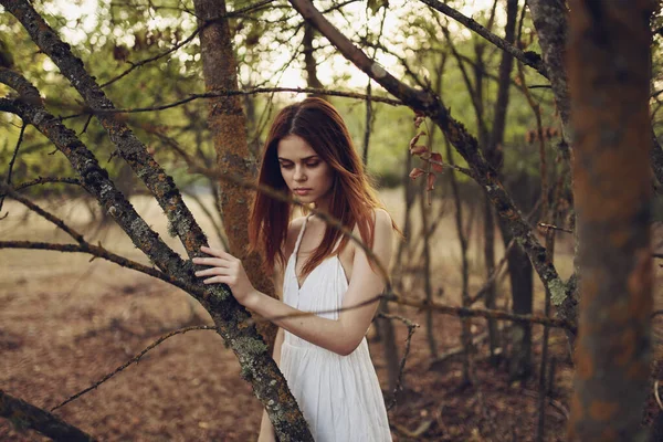 Mujer en bosque verano vestido blanco naturaleza aire fresco — Foto de Stock