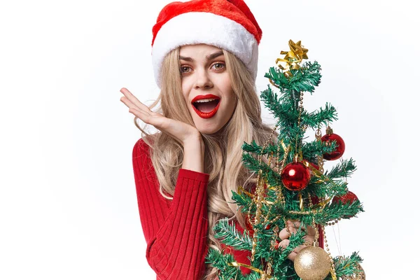 Freudige Frau als Weihnachtsbaum Weihnachtsgeschenk Lebensstil verkleidet — Stockfoto