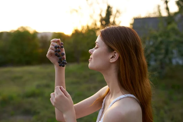 Mujer Pelirroja Naturaleza Campo Con Uvas Foto Alta Calidad —  Fotos de Stock