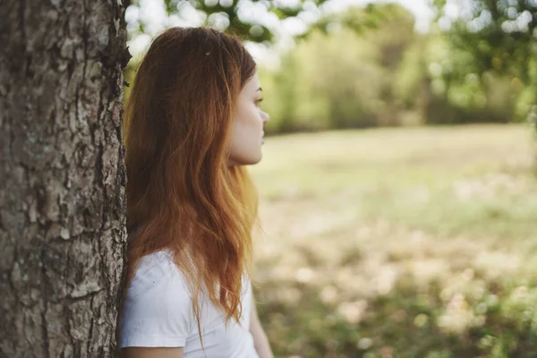 Mujer bonita cerca de la naturaleza del árbol Paisaje del aire fresco —  Fotos de Stock