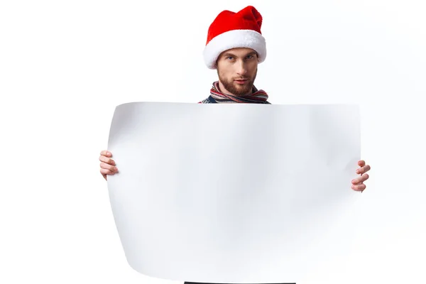 Cheerful man white paper billboard advertising copy-space studio — Stock Photo, Image