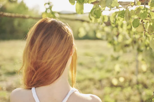 Kvinna nära äppelträd natur frukt nära livet — Stockfoto