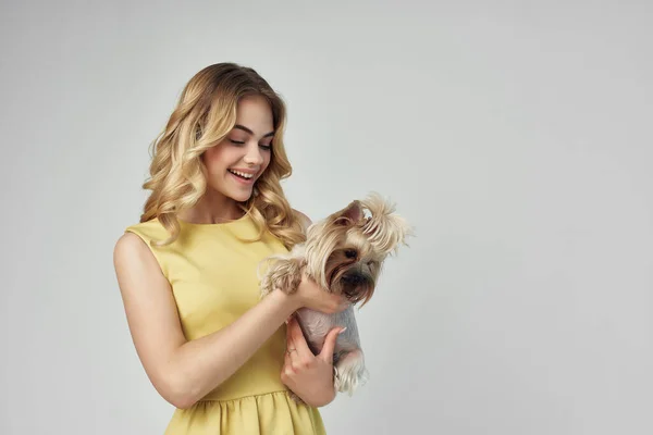 Mujer Con Mascota Posando Sobre Fondo Aislado Foto Alta Calidad — Foto de Stock