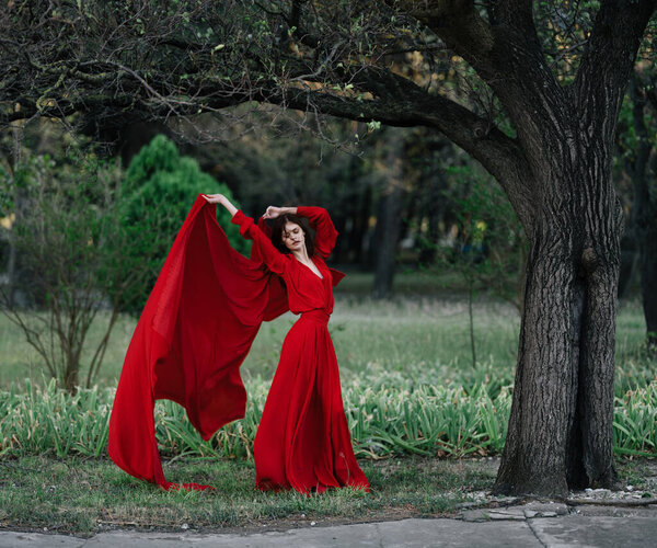 Woman in red dress posing fashion nature tree. High quality photo
