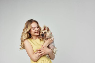 Güzel bir kadın, şık, safkan bir köpek, manzaralı.