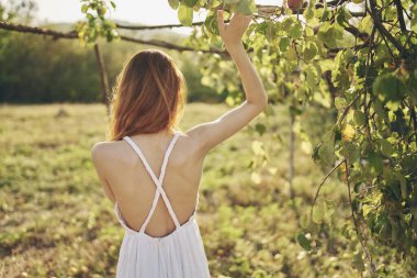 Dışarıda, ağacın yanında yeşil yapraklı bir kadın. 