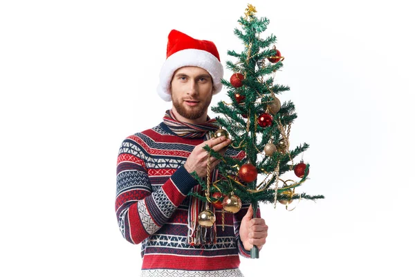 Hombre alegre con un árbol en sus manos adornos vacaciones divertido fondo aislado —  Fotos de Stock