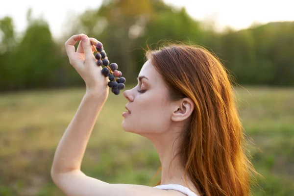 Mujer pelirroja racimo de uvas campo de la naturaleza —  Fotos de Stock