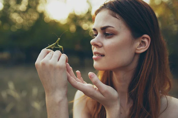 Mujer pelirroja con una mantis religiosa en la mano naturaleza salvaje —  Fotos de Stock