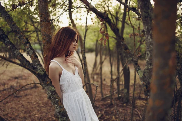 Bella donna in abito bianco nella foresta vicino agli alberi di riposo — Foto Stock