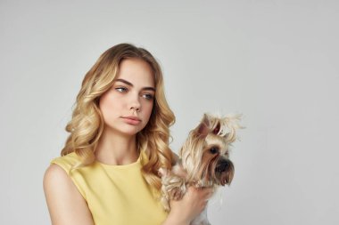 Sarı elbiseli güzel bir kadın. Eğlenceli. Küçük bir köpek izole edilmiş.
