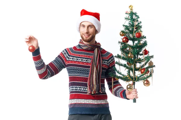 Όμορφος άντρας με ένα δέντρο στα χέρια στολίζει ένα στούντιο γιορτής που ποζάρει. — Φωτογραφία Αρχείου