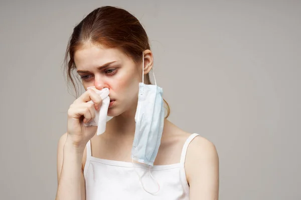 Sick woman flu infection virus health problems light background — Stock Photo, Image
