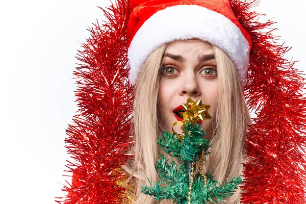 Kobieta noszenie Santa strój dekoracji wakacje Boże Narodzenie lekkie tło — Zdjęcie stockowe
