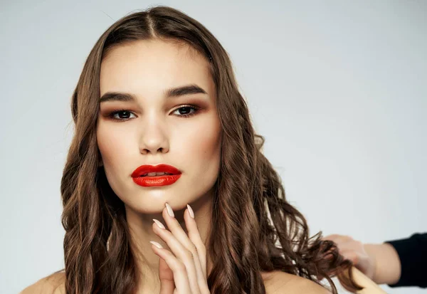Pretty woman red lips posing hairstyle fashion luxury cosmetics — Stock Photo, Image