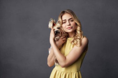 Sarı elbiseli güzel bir kadın. Soylu bir köpek. Manzaralı.