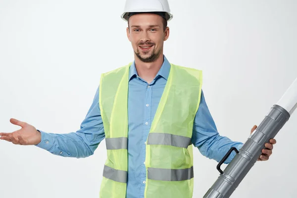 male builder in working form construction work isolated background