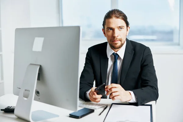 Office worker in a suit office work phone Lifestyle — Stock Photo, Image