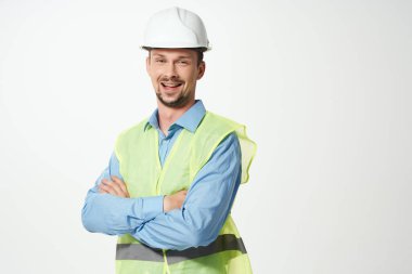 Erkek inşaatçı Profesyonel çalışma üniforması ışık arka planı