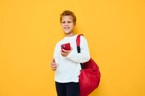 Adolescente menino com uma mochila vermelha chama no telefone Studio conceito de aprendizagem — Fotografia de Stock