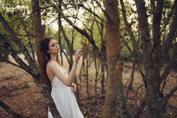 Frau im weißen Kleid in der Nähe von Bäumen Sommerurlaub frische Luft — Stockfoto