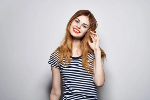 Cheerful Woman Striped Shirt Posing Studio — Stock Photo, Image