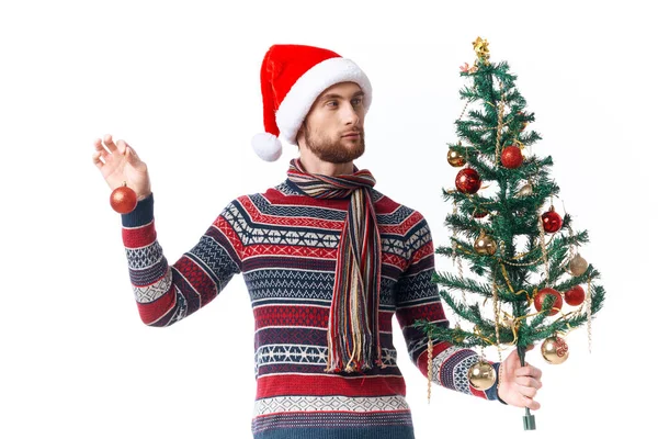 Hombre alegre con un árbol en sus manos adornos vacaciones divertido estudio posando —  Fotos de Stock