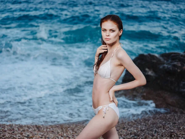 Woman White Swimsuit Beach Posing — Stock Photo, Image