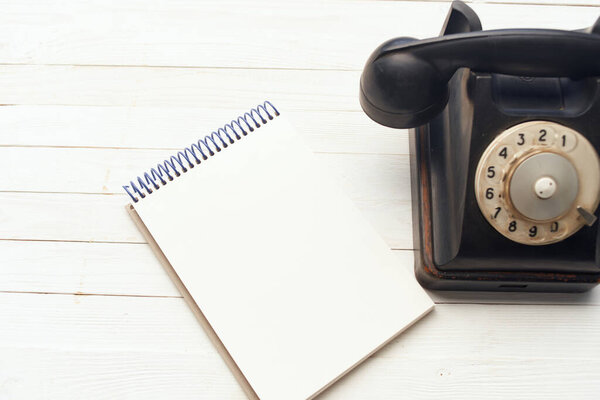 retro telephone he communication office notepad wooden background object