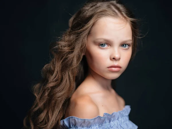Little girl with hairstyle in dress posing dark background — Stock Photo, Image