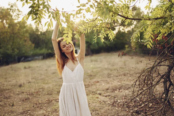 Beyaz elbiseli güzel kadın özgürlük ağacının yanındaki tarlada. — Stok fotoğraf