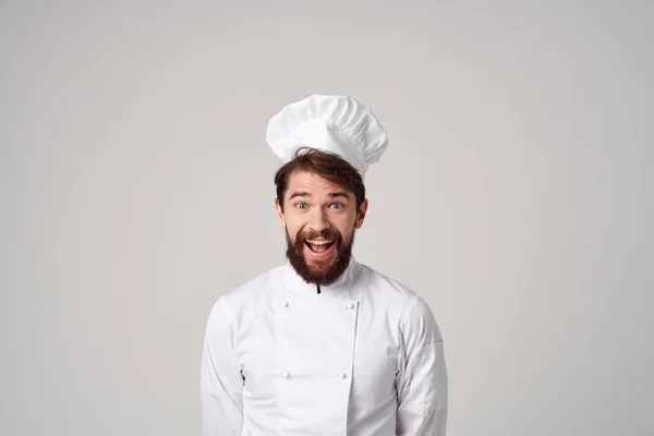 bearded man work uniform profession kitchen stuff posing studio