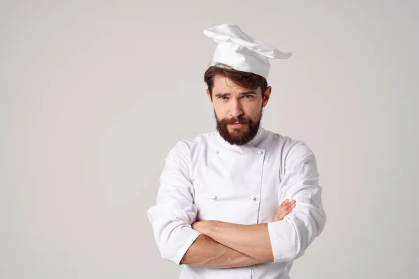 bearded man work uniform profession kitchen posing studio