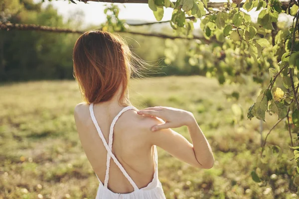 Kvinna utomhus nära växter druvor resa sol — Stockfoto