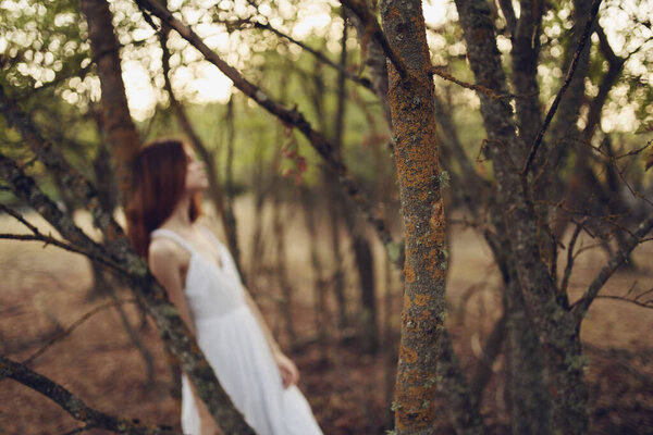 Woman in white dress on nature. High quality photo