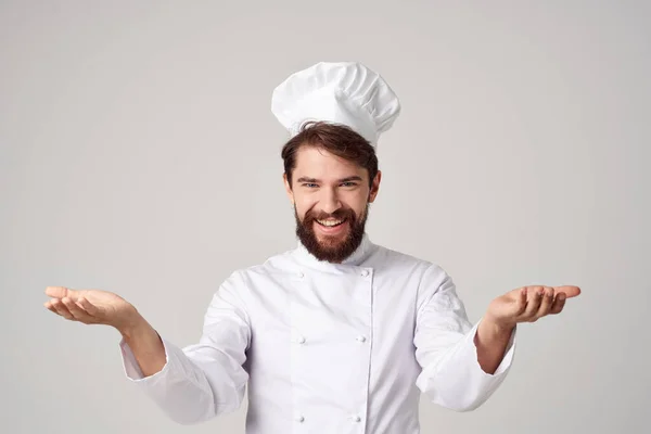 Muž kuchař práce uniforma profese kuchyně věci izolované pozadí — Stock fotografie
