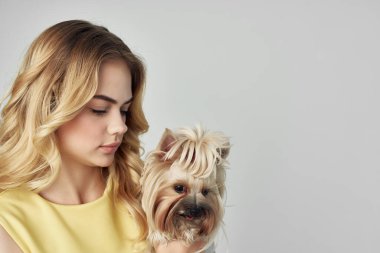 Sarı elbiseli güzel bir kadın. Eğlenceli. Küçük bir köpek manzaralı.