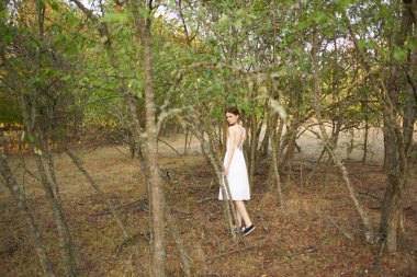 Yazın ağaçların yanındaki ormanda yürüyen güzel bir kadın.