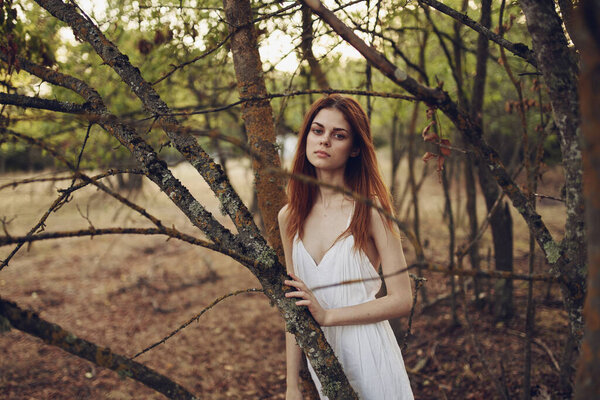 Attractive woman in white dress holding a tree nature posing. High quality photo