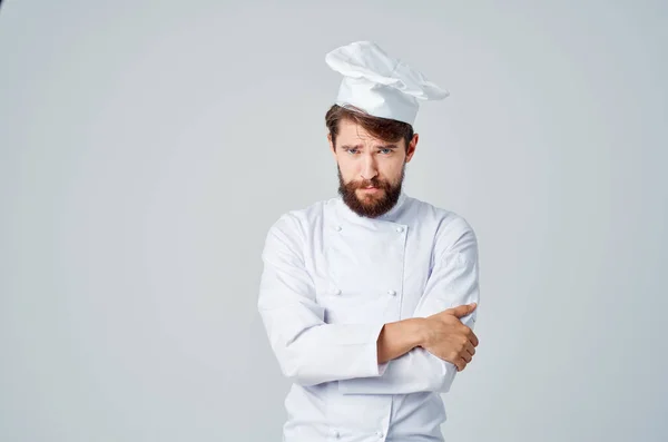 Chef Uomo Barbuto Lavoro Sfondo Chiaro Foto Alta Qualità — Foto Stock