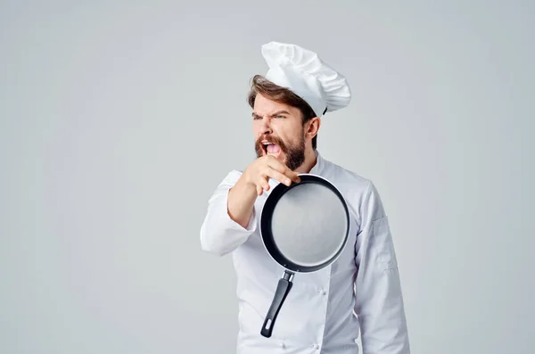 Chef Con Una Padella Mano Sfondo Isolato Foto Alta Qualità — Foto Stock